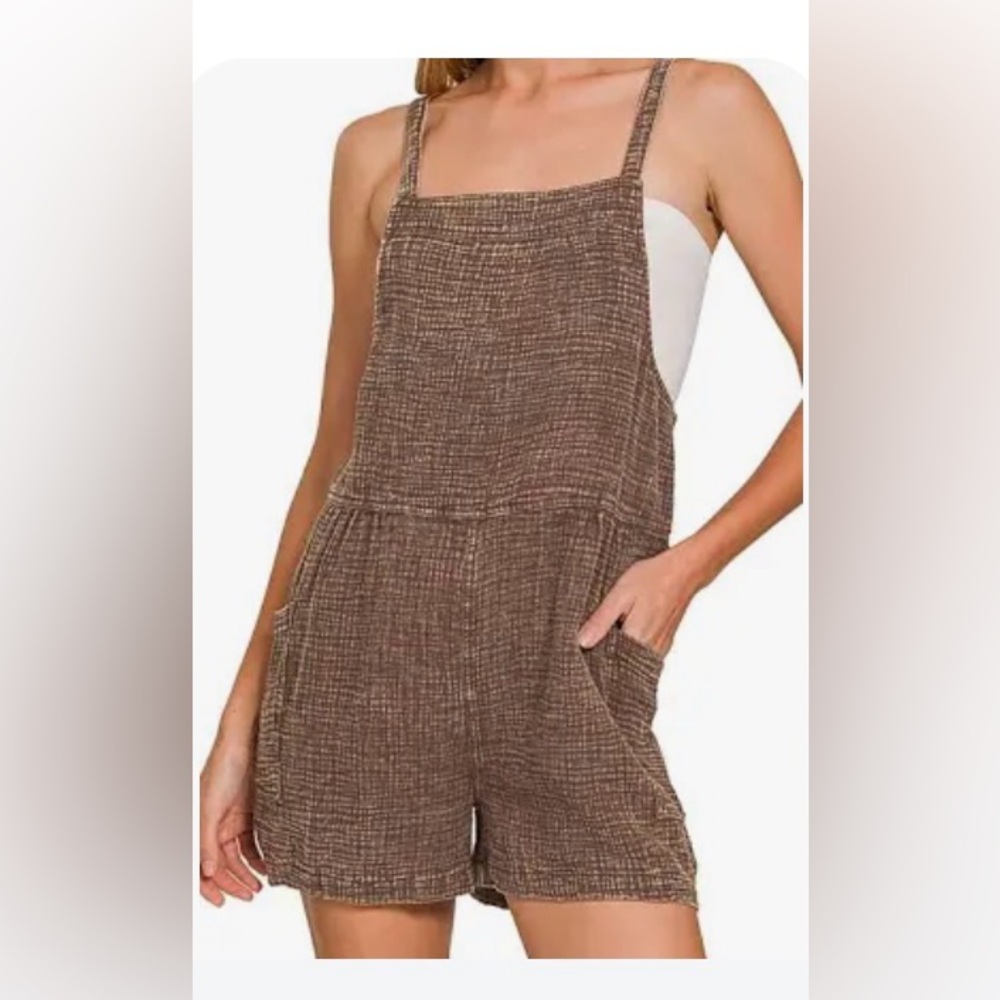 Washed Brown Linen blend Knotted Romper by Zenana